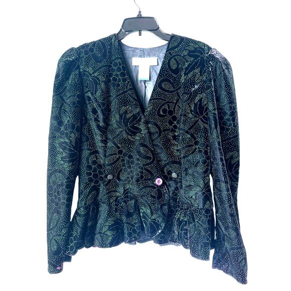 Scott McClintock Jackets & Blazers - Scott McClintock Sportswear Black Velvet Green Glitter Womens Blazer Size 10 VTG